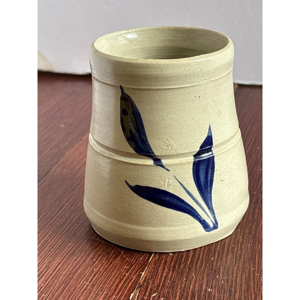 Vintage Blue Leaf Salt Glaze Stoneware Crock Small Pottery Vase Hand Painted